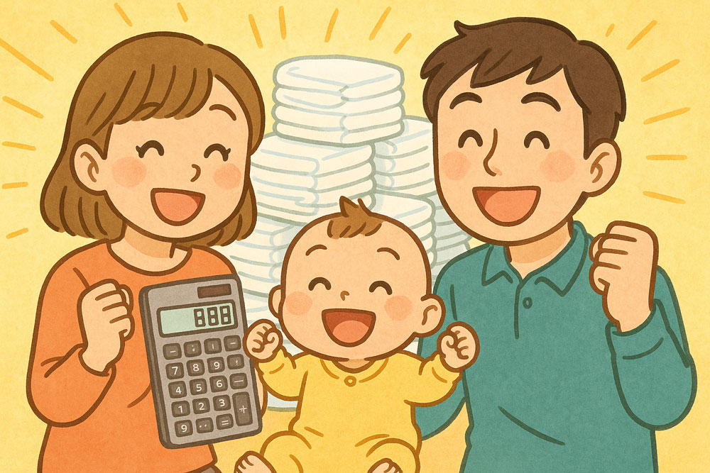 赤ちゃんを抱いた両親が電卓とオムツの山を背景に笑顔で節約を喜んでいるイラスト