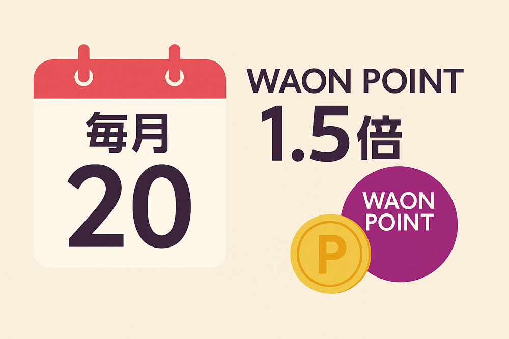 毎月20日はWAON POINTが1.5倍になることを告知するカレンダーとポイントアイコンのイラスト